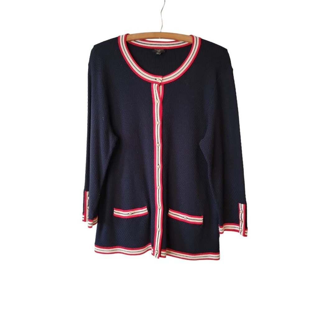 Talbots Large Petite Womens Cardigan Blue Pearl Button Up Sweater